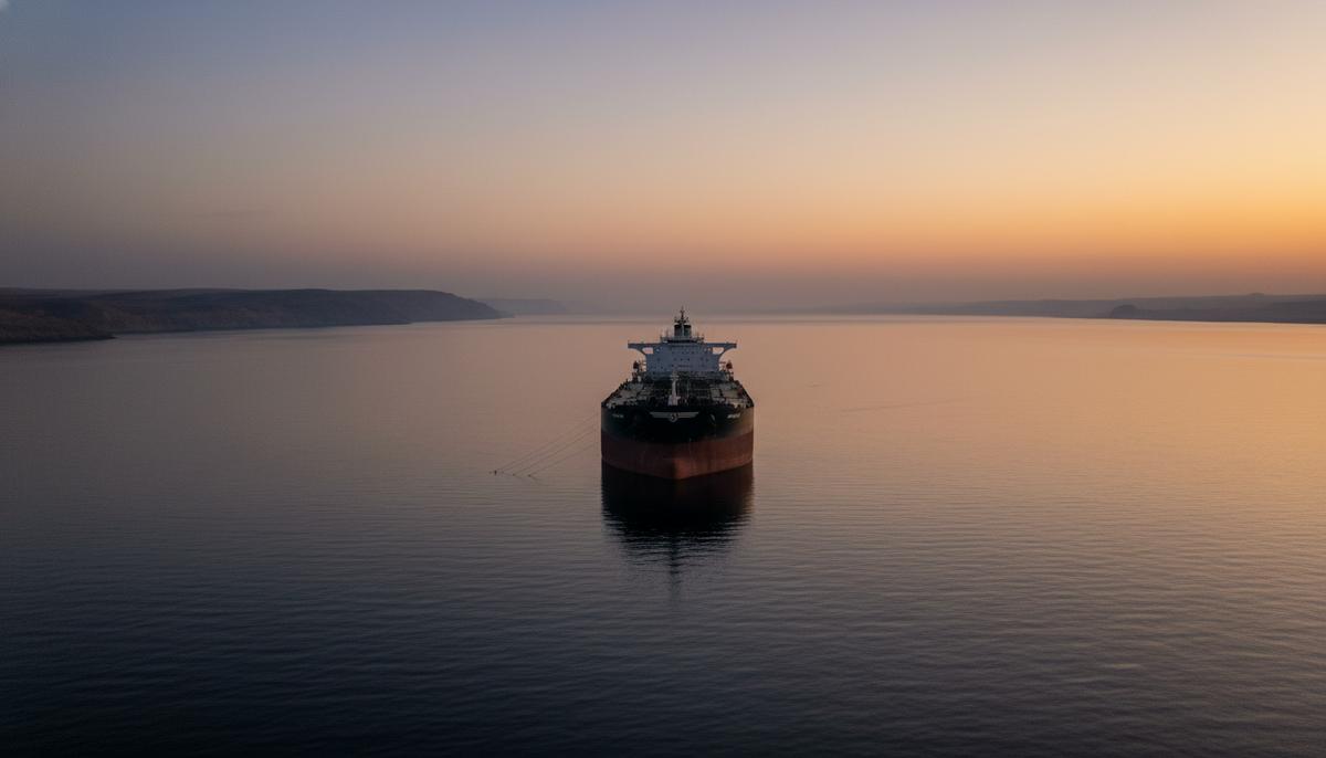 Закрытие Ормузского пролива грозит ростом цен на нефть выше 100 долларов Крупный нефтяной танкер стоит на якоре в пустынных водах Ормузского пролива на рассвете на фоне скалистого побережья.