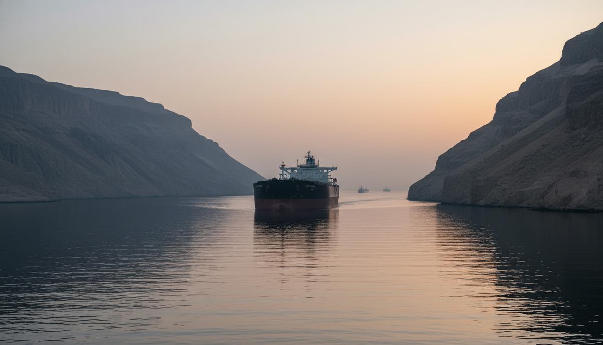 Огромный нефтяной танкер проходит через узкий Ормузский пролив на рассвете между скалистыми пустынными берегами.
