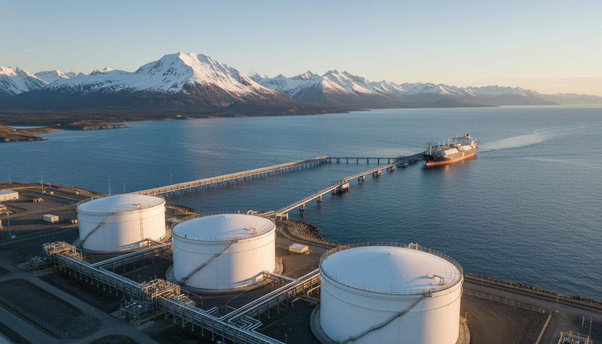 TotalEnergies заключила 20-летнее соглашение о закупках СПГ с Alaska LNG Современный СПГ-терминал с резервуарами для хранения и причалом на побережье Аляски на фоне гор и Тихого океана.