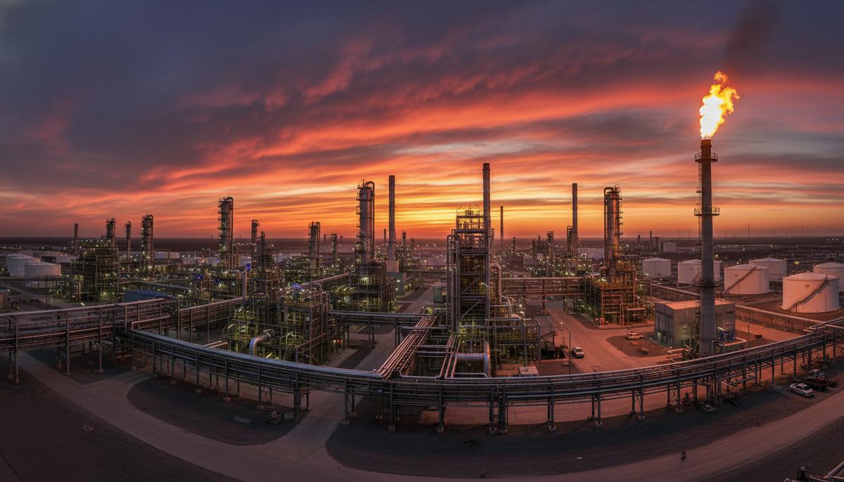 Крупный газоперерабатывающий завод на закате, переплетение труб и промышленных конструкций на фоне оранжевого неба, горит факел.