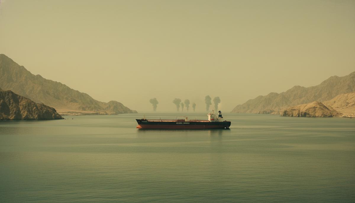 Военный конфликт в Персидском заливе взвинтил мировые цены на нефть Ормузский пролив с одиноким нефтяным танкером в пустынных водах, на горизонте на фоне скалистых берегов виден дым.