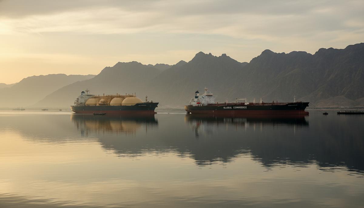 Огромный СПГ-танкер и нефтяной супертанкер стоят на якоре в узком Ормузском проливе на фоне скалистых берегов.