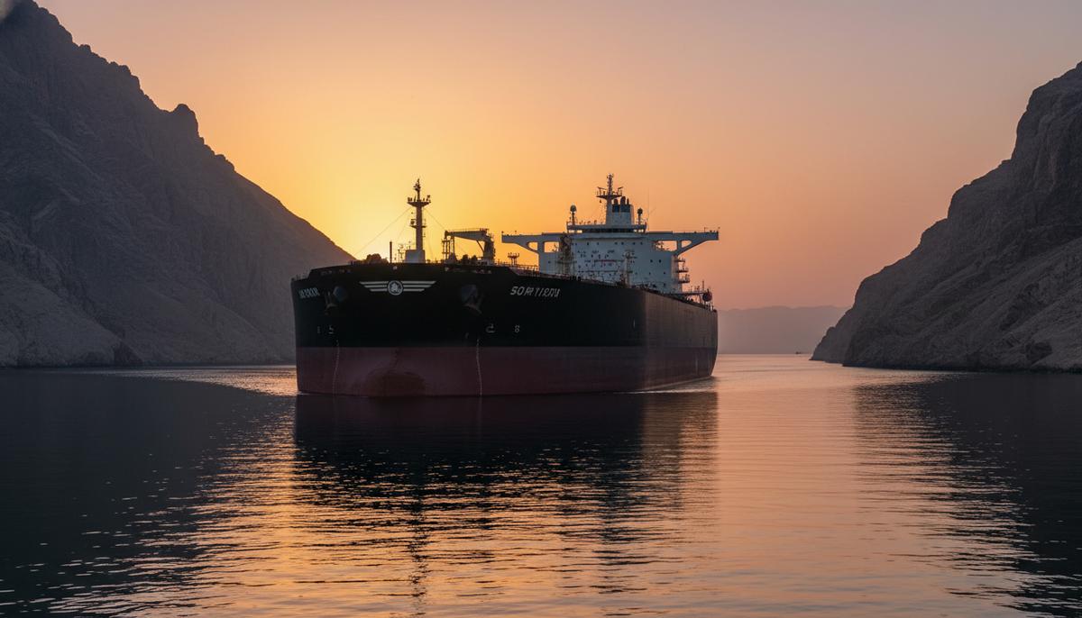 Конфликт на Ближнем Востоке угрожает поставкам через Ормузский пролив Большой нефтяной танкер плывет по узкому Ормузскому проливу между скалистыми берегами на закате.