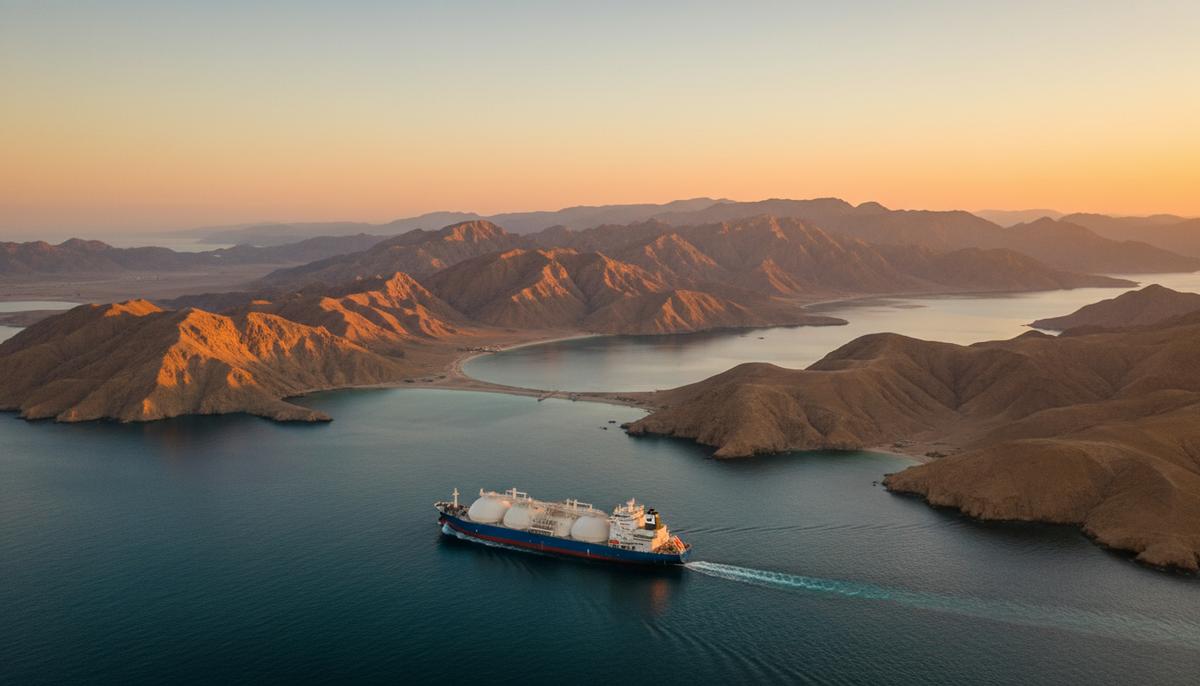 Огромный танкер для перевозки СПГ в Ормузском проливе на фоне скалистых берегов на рассвете.