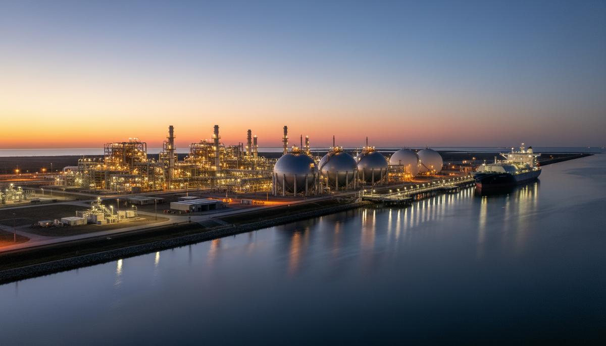 Крупный терминал по производству и отгрузке СПГ с резервуарами для хранения сжиженного газа и пришвартованным танкером-газовозом в сумерках.