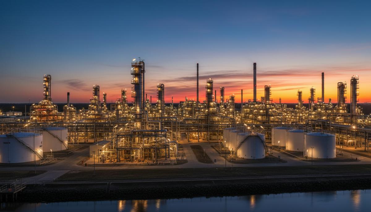 Промышленный пейзаж нефтеперерабатывающего завода Lytton в Брисбене на закате: переплетение труб, ректификационные колонны и резервуары.