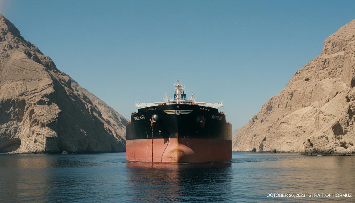 Ормузский пролив: частичное открытие не решит проблем рынка нефти Большой нефтяной танкер плывет по узкому морскому проливу между скалистыми берегами.