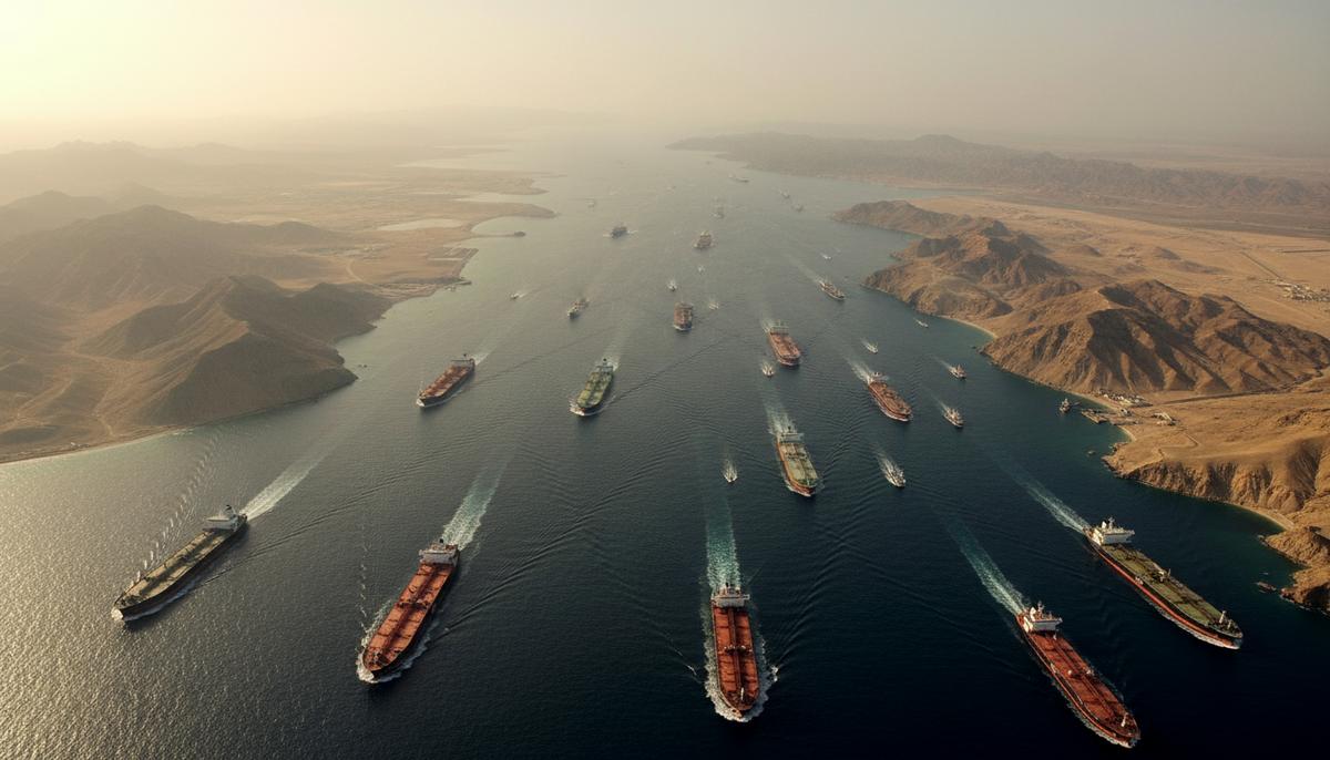 Эксперт: сбои в Ормузском проливе ударят по логистике и ценам на нефть Нефтяные танкеры и грузовые суда в узком Ормузском проливе на фоне скалистых берегов, вид с воздуха.