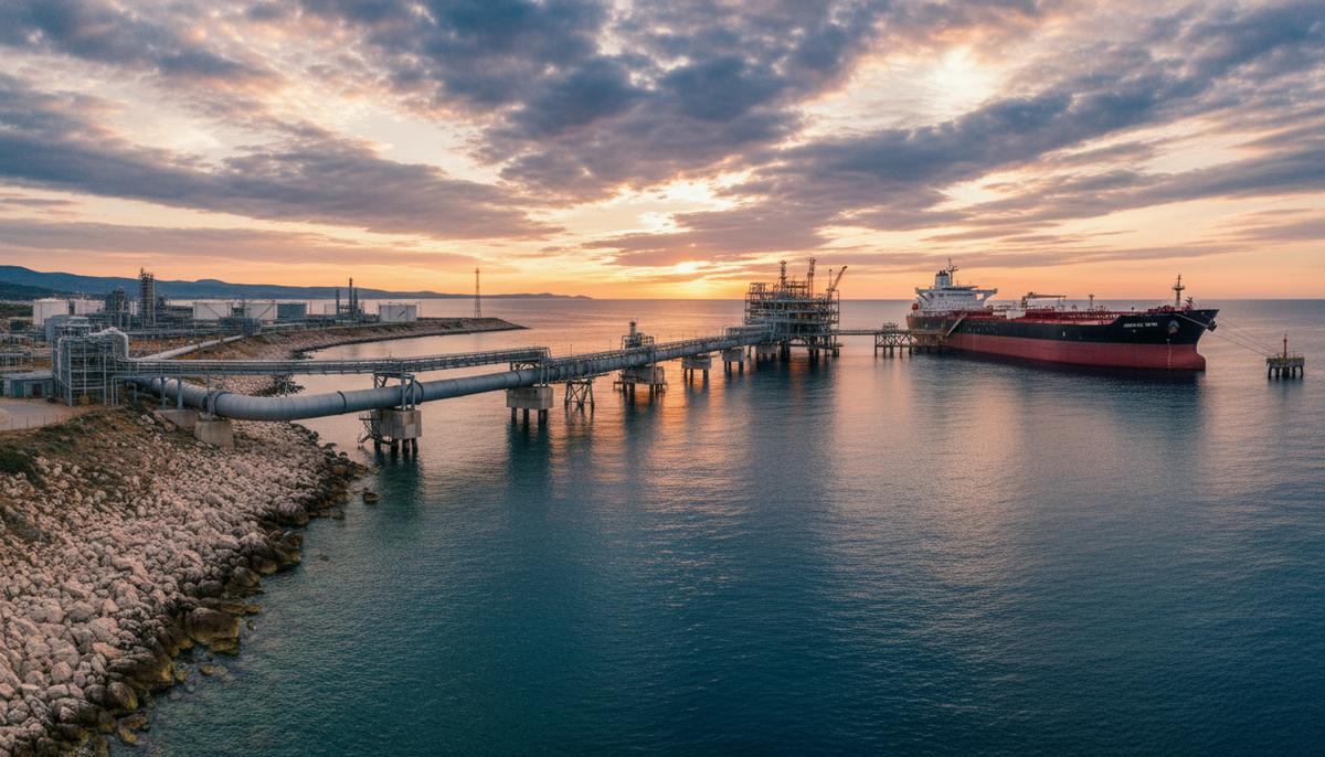 MOL и Slovnaft обвинили хорватскую JANAF в монополизме перед Еврокомиссией Массивный нефтепровод на морском побережье, ведущий к нефтяному терминалу. Рядом на воде под пасмурным небом стоит большой нефтяной танкер.