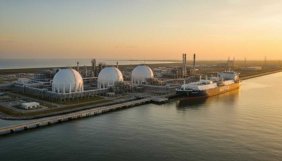 Современный терминал по экспорту СПГ на побережье с крупными сферическими резервуарами и пришвартованным танкером-газовозом.