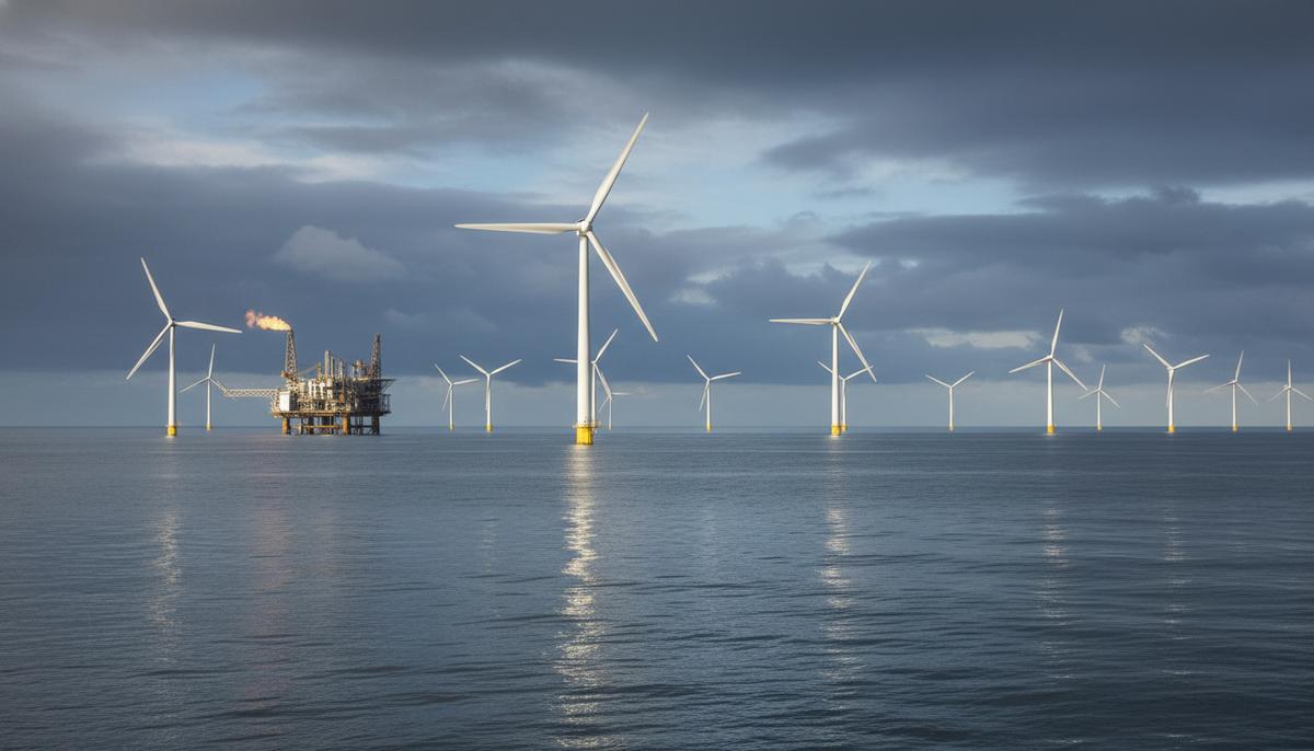 Морские ветряные турбины и газовая платформа в Северном море под облачным небом. Вид на энергетическую инфраструктуру в море.