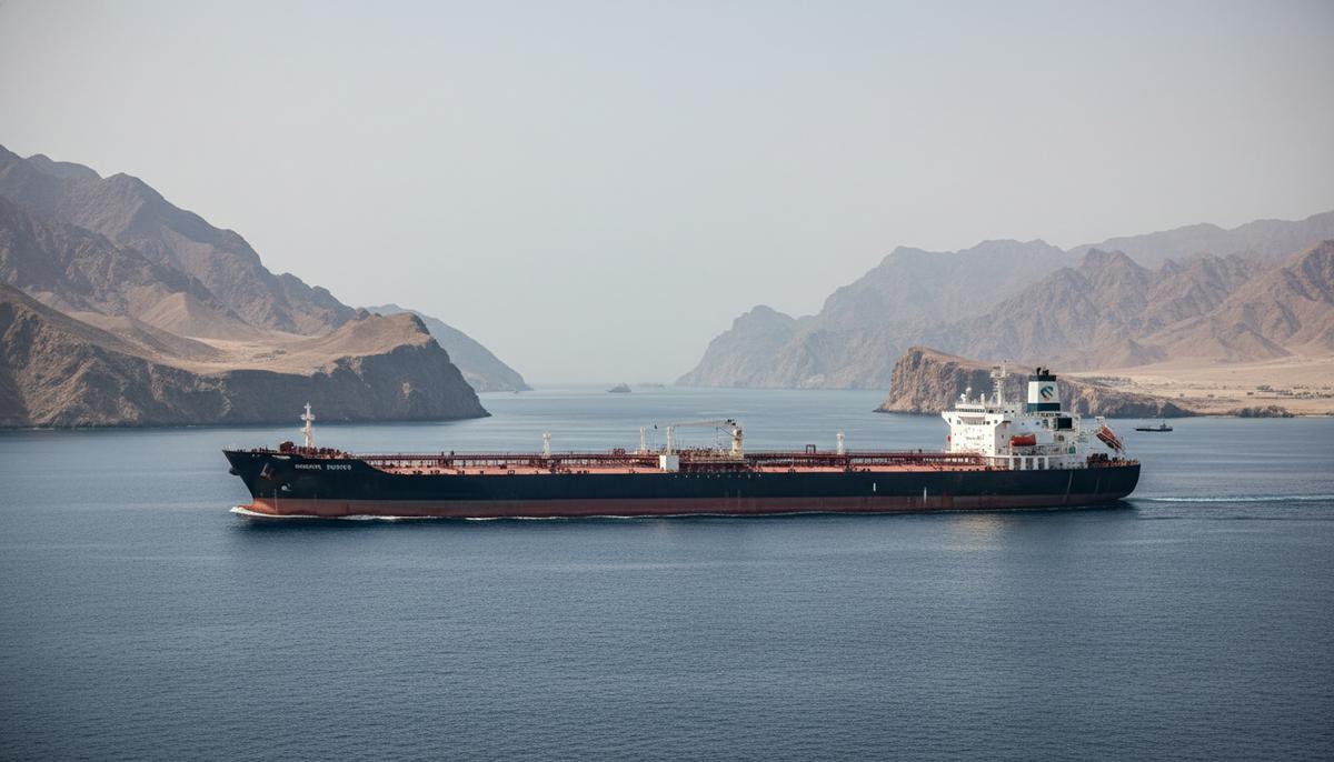 Крупнотоннажный нефтяной танкер проходит через узкий Ормузский пролив на фоне скалистых берегов.