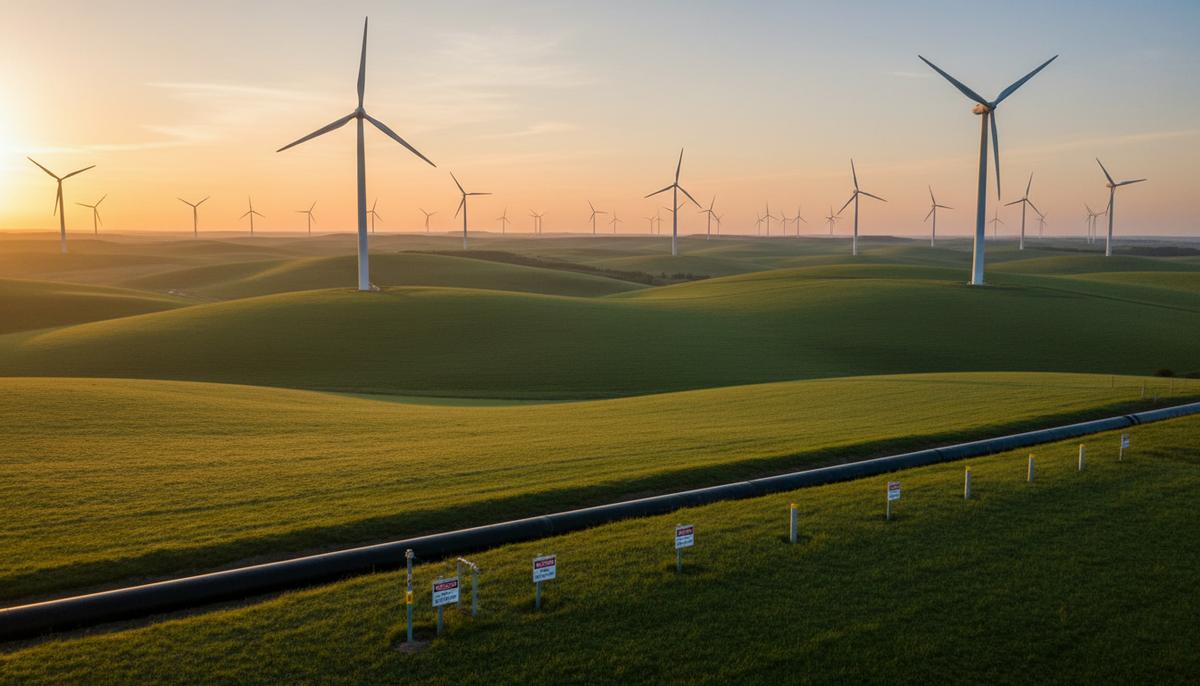 Ветряные турбины на зеленых холмах Великобритании на рассвете и проходящий по ландшафту газопровод на переднем плане.