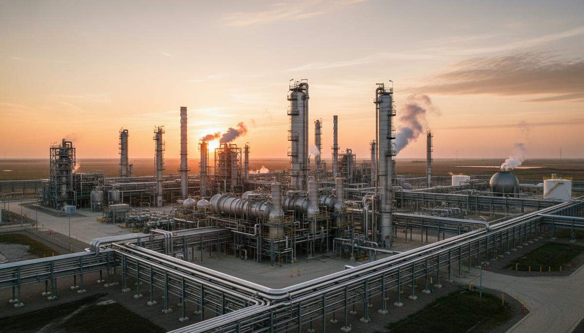 Крупный современный нефтехимический завод на рассвете с производственными установками, башнями и сложной сетью трубопроводов.