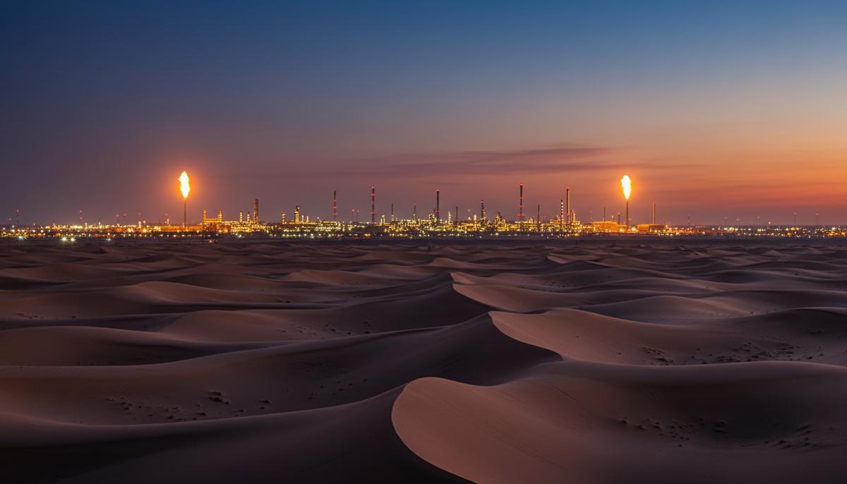 Нефтеперерабатывающий завод в пустыне на закате, освещенные установки и горящие факелы на фоне сумеречного неба.