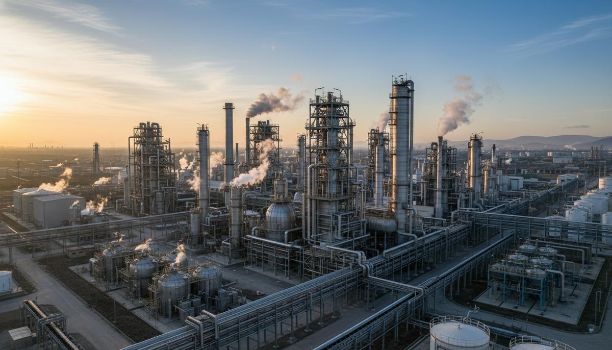 Промышленный комплекс по производству аммиачных удобрений с трубами, башнями и реакторами на рассвете.