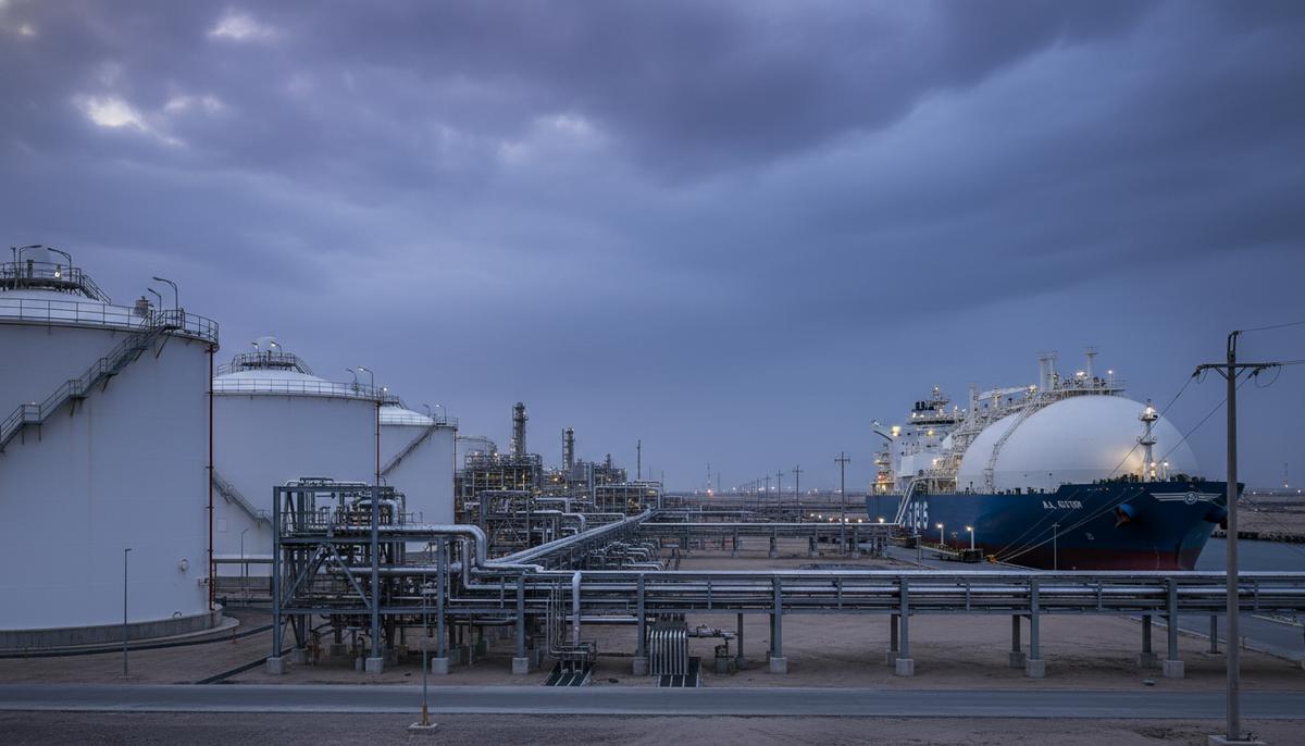 Современный завод по производству СПГ в Катаре с резервуарами для хранения и газовозом у терминала на закате.