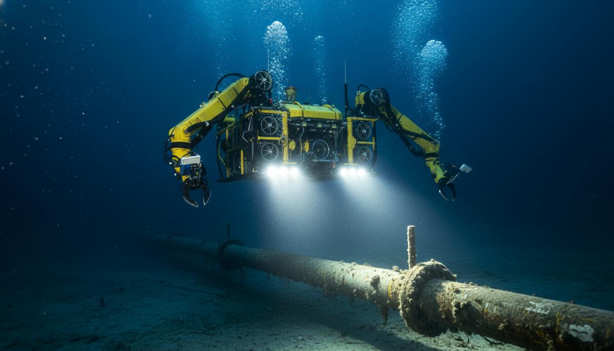 Подводный телеуправляемый аппарат (ROV) желтого цвета в толще воды рядом с нефтегазовым трубопроводом на морском дне.
