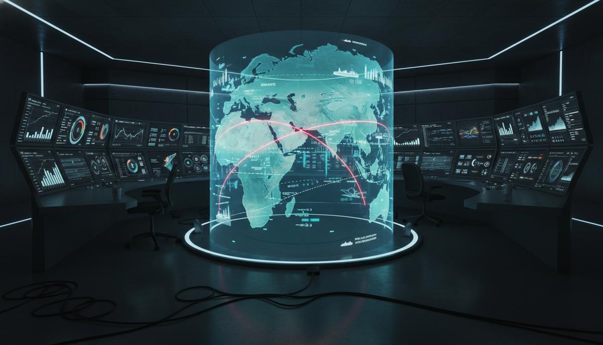 Центр управления с голографической картой Ближнего Востока и экранами, на которых отображаются графики цен на нефть и данные.
