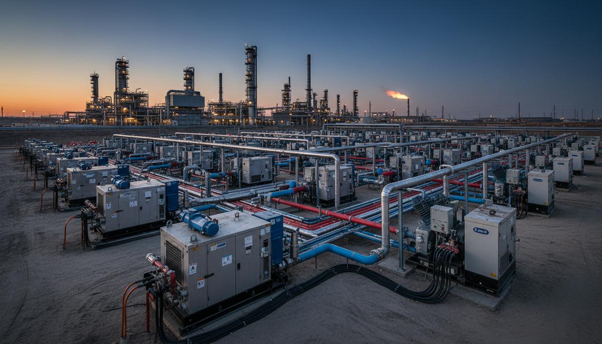 Промышленные компрессоры и генераторы, соединенные трубами, на территории нефтеперерабатывающего завода на закате.
