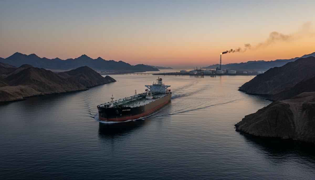 Rystad Energy: Цена на нефть Brent может достичь $135 из-за конфликта Нефтяной супертанкер в узком Ормузском проливе на рассвете, на фоне скалистых берегов и морского нефтяного терминала.