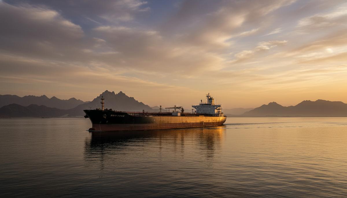 Огромный нефтяной танкер плывет по узкому Ормузскому проливу на рассвете, на фоне пустынных гор и туманного неба.