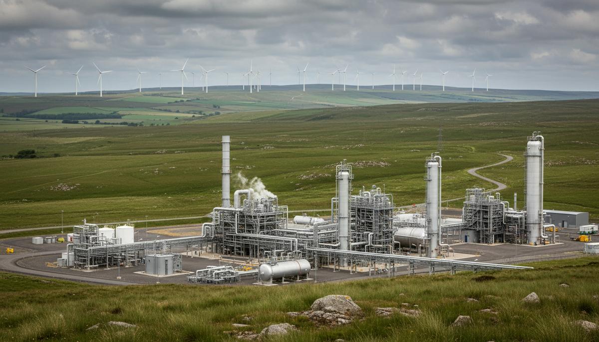 Ветряные турбины на зеленых холмах Великобритании и газоперерабатывающий завод с трубопроводами на переднем плане.
