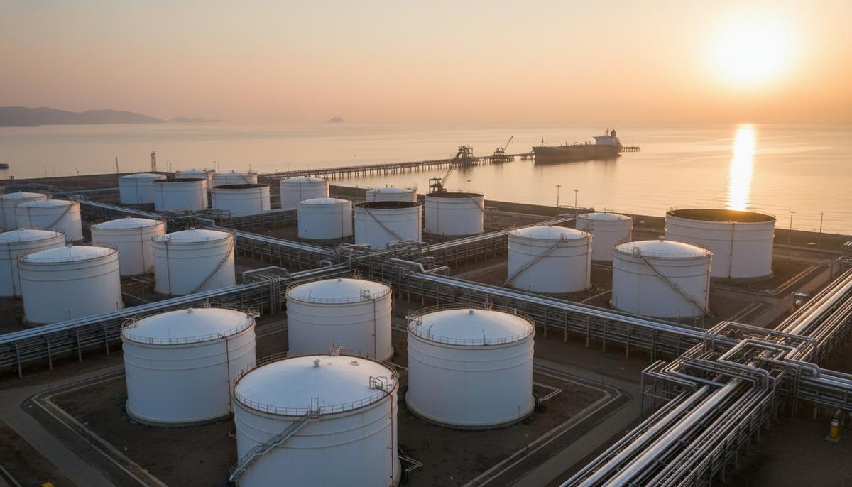 Крупный нефтяной терминал в порту на рассвете, большие резервуары для хранения топлива, сеть трубопроводов и танкер у причала.