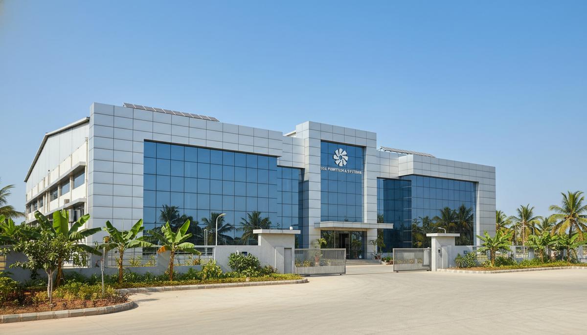 Фасад нового современного завода по производству насосного оборудования в индустриальном парке в Гоа, Индия.