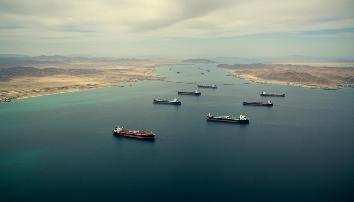 Нефтяные танкеры стоят на якоре в море у входа в пустынный Ормузский пролив. Морской путь для судов перекрыт.