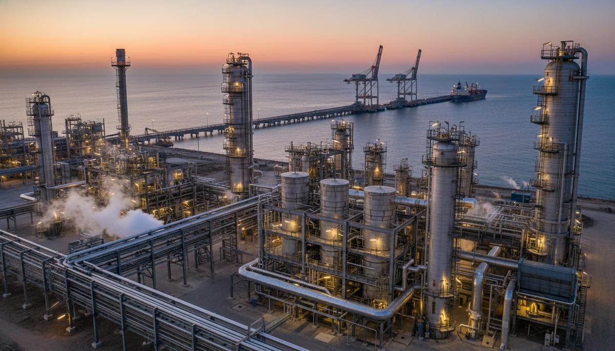 Новая установка замедленного коксования на нефтеперерабатывающем заводе в Риеке рядом с морским причалом.