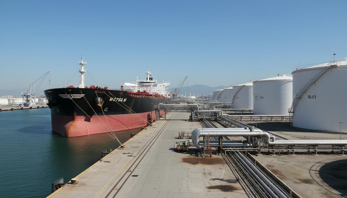 Огромный нефтяной танкер пришвартован у промышленного портового терминала с трубопроводами и большими резервуарами для хранения нефти.