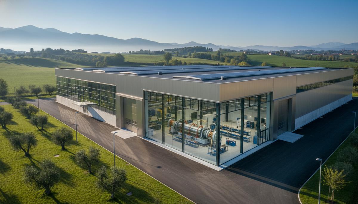 Новый завод по производству промышленных компрессоров в Италии. Современное здание с панорамными окнами в индустриальном парке.