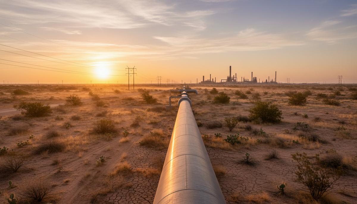 Магистральный газопровод в пустынном ландшафте Пермского бассейна на рассвете. Вдали виден газоперерабатывающий завод.