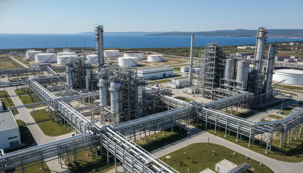 Новые промышленные установки нефтеперерабатывающего завода в Риеке: сеть трубопроводов и дистилляционных колонн на фоне неба.