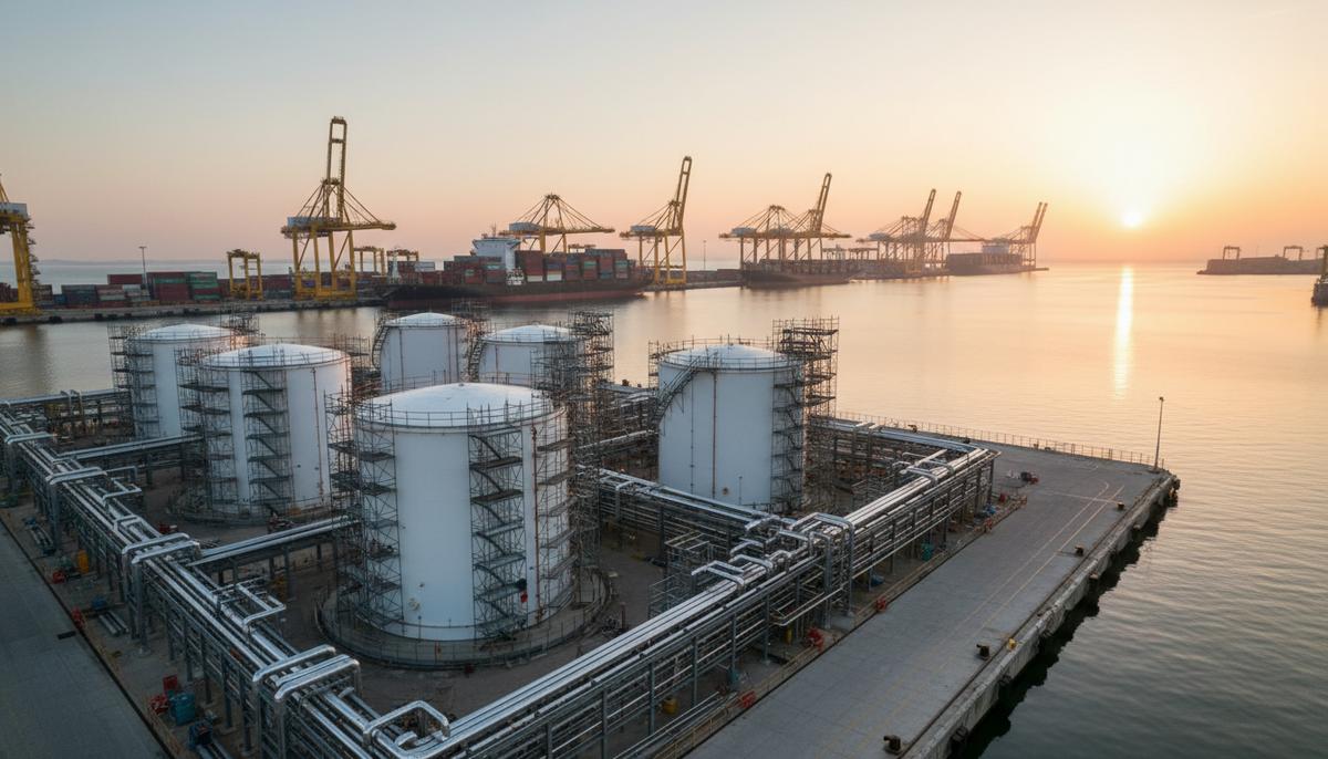 Evos расширяет хранилища метанола и этанола в порту Роттердама Новые резервуары для хранения метанола и этанола на фоне трубопроводов и строящегося причала в промышленном порту Роттердама.