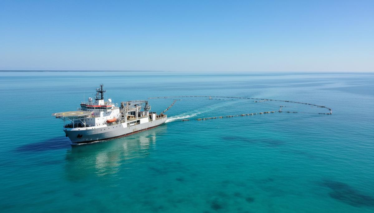 Современное судно для сейсморазведки в спокойных океанских водах. За кормой видны сейсмические косы, развернутые для сбора данных.