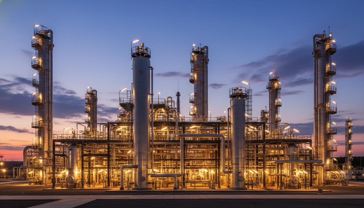 Современный нефтеперерабатывающий завод с реакторами и трубопроводами, освещенный вечерними огнями на фоне заката.