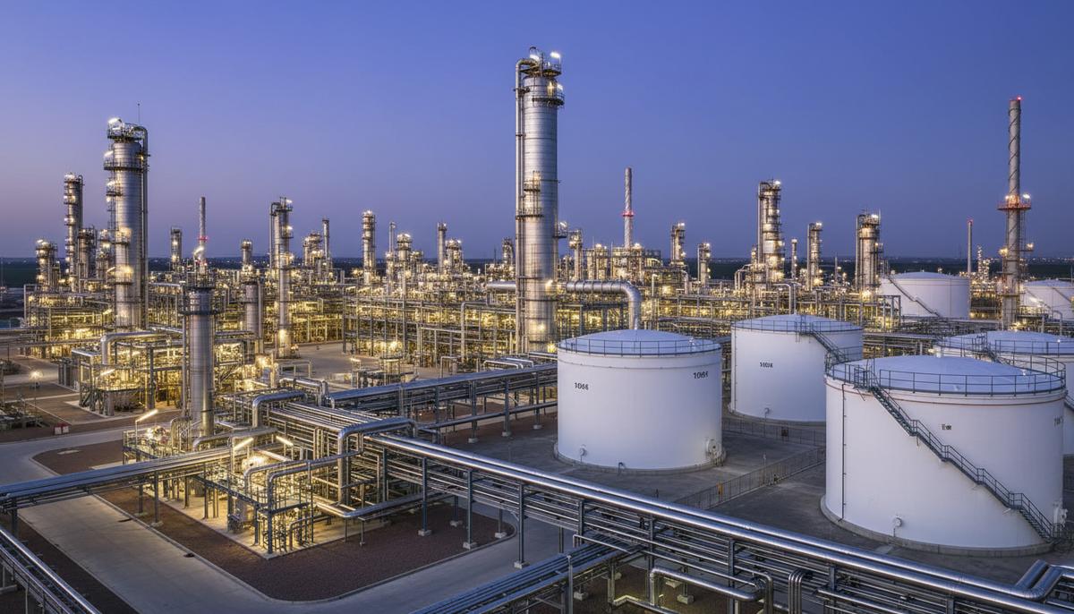 Современный нефтеперерабатывающий завод с башнями, резервуарами и сложной системой трубопроводов в вечернем освещении.