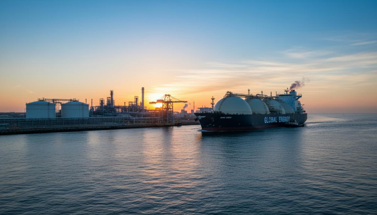 Танкер-газовоз приближается к береговому СПГ-терминалу с крупными резервуарами для хранения сжиженного газа на рассвете.