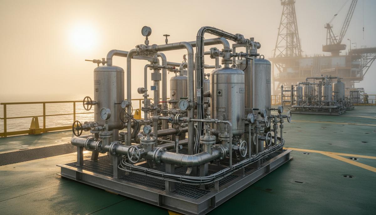 Промышленная установка для нагнетания химических реагентов со стальными баками и трубами на морской нефтегазовой платформе на рассвете.