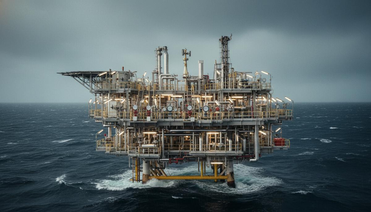 Морская нефтегазовая платформа в Северном море. На палубе видны сложные переплетения труб и регулирующих клапанов.