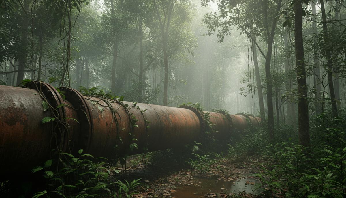 Участок старого, заржавевшего газопровода, частично поросший растительностью, пролегающий через густые и влажные джунгли.