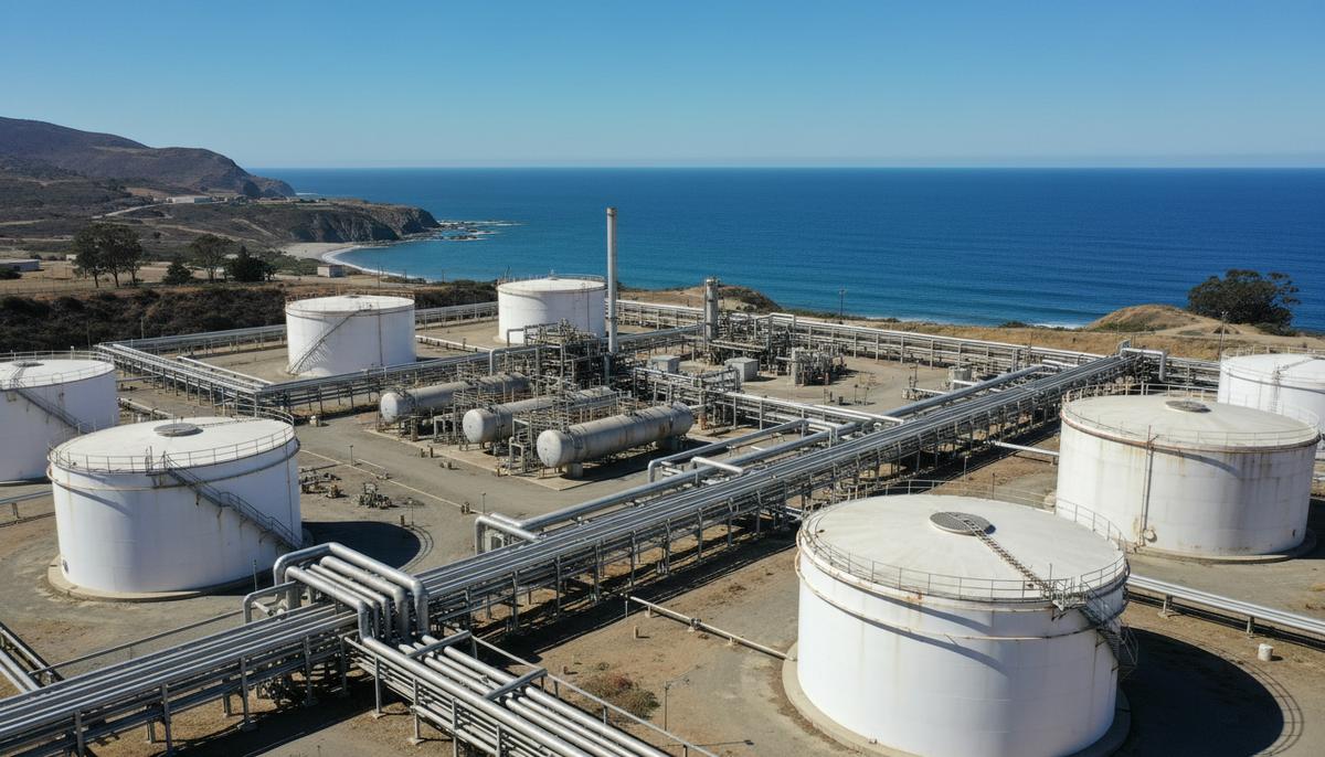 Нефтегазовый перерабатывающий комплекс с трубопроводами и резервуарами для хранения на побережье Калифорнии у океана.