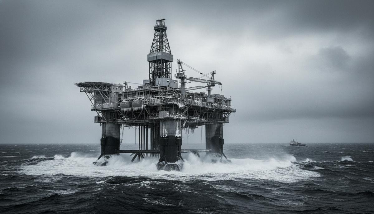 Морская буровая платформа для добычи нефти в суровых арктических водах Баренцева моря под пасмурным небом.