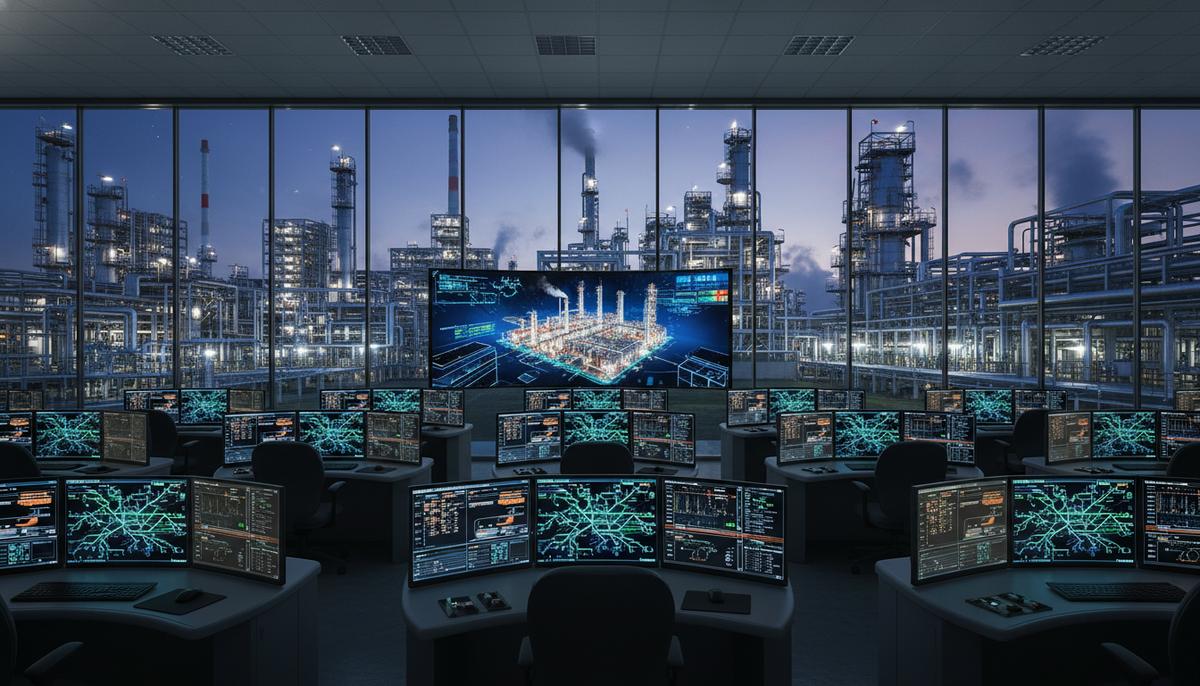Пустой центр управления на заводе. На экранах — графики и аналитика. В окне — освещенные установки и трубы предприятия.