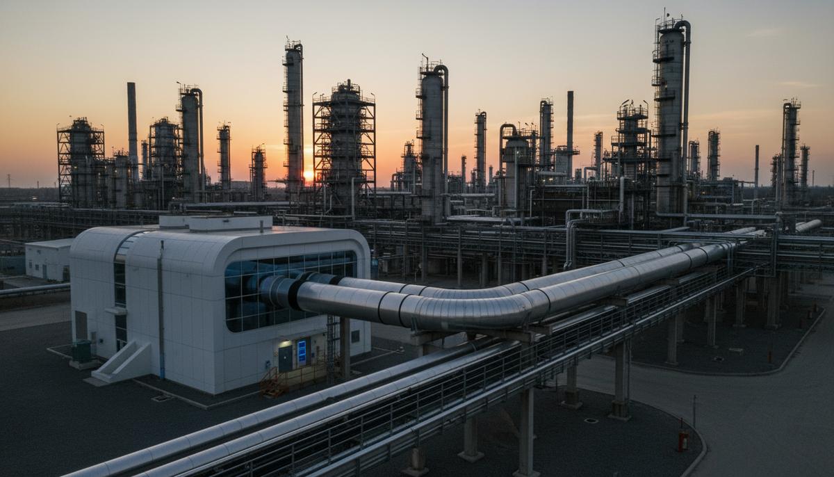 Современный малый модульный реактор, соединенный трубопроводами с комплексом нефтехимического завода на фоне заката.