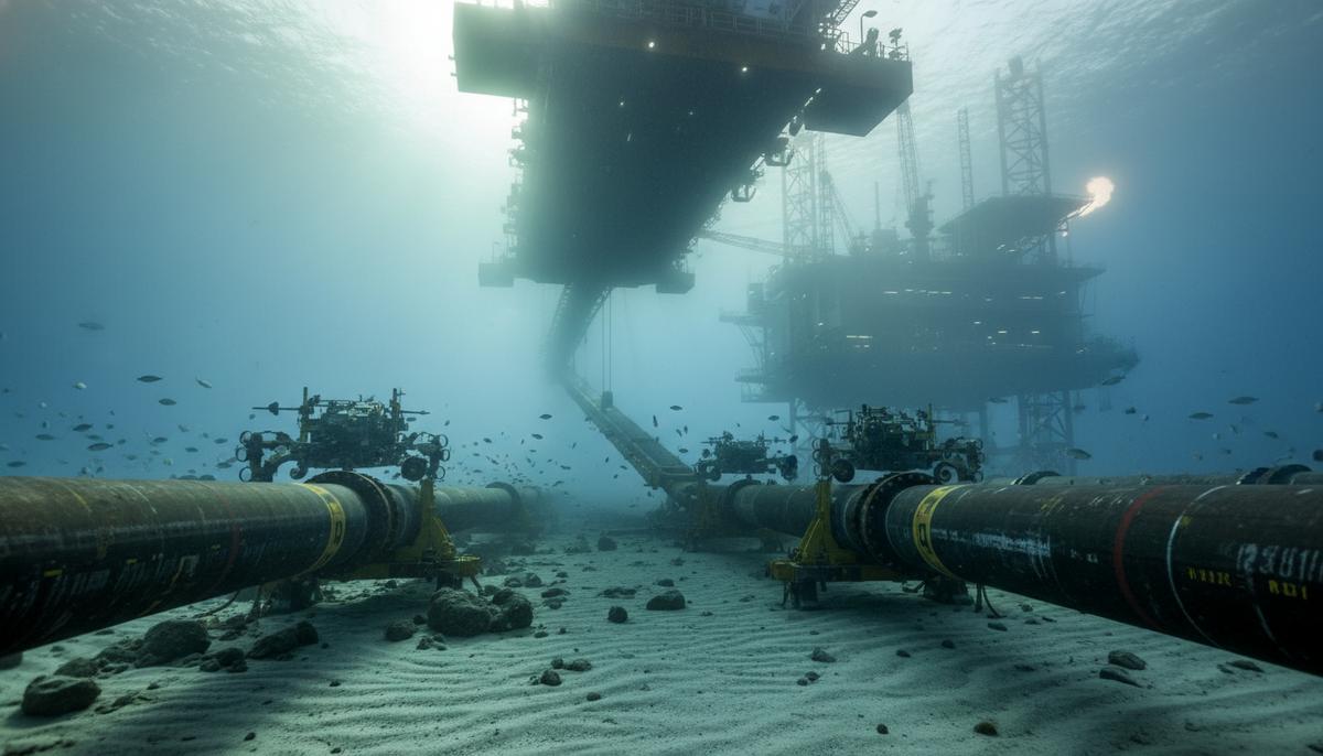 Новые подводные трубопроводы на морском дне у побережья Индии с морской нефтегазовой платформой на горизонте.