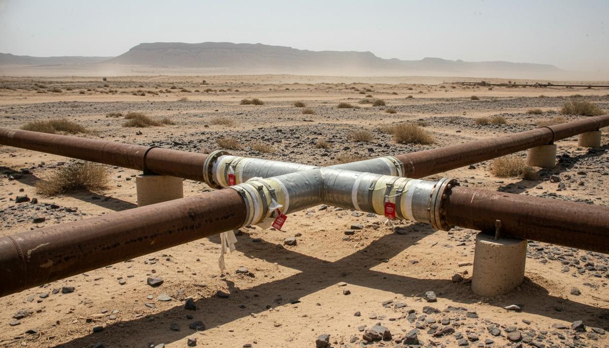 Старый ржавый нефтепровод на фоне пустынного пейзажа Ирака. Часть трубы, окруженная строительной техникой, готовится к ремонту.