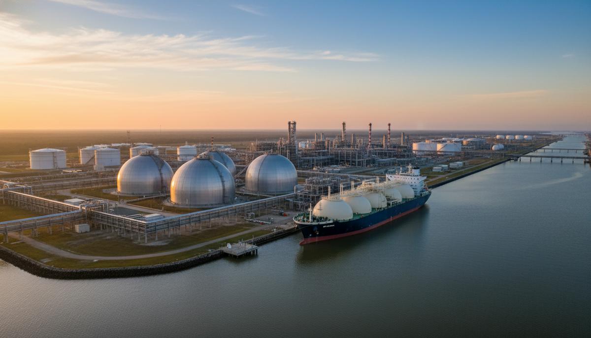 Крупный терминал по экспорту сжиженного природного газа (СПГ) на побережье Луизианы с резервуарами и трубопроводами.